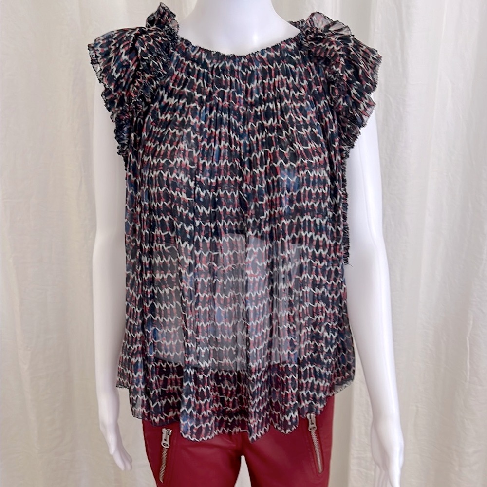 ISABEL MARANT Silk Navy/Red/White Ruffled Sleeveless Blouse